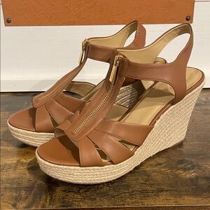 NEW Michael Khors Brown Leather Wedge Sandals